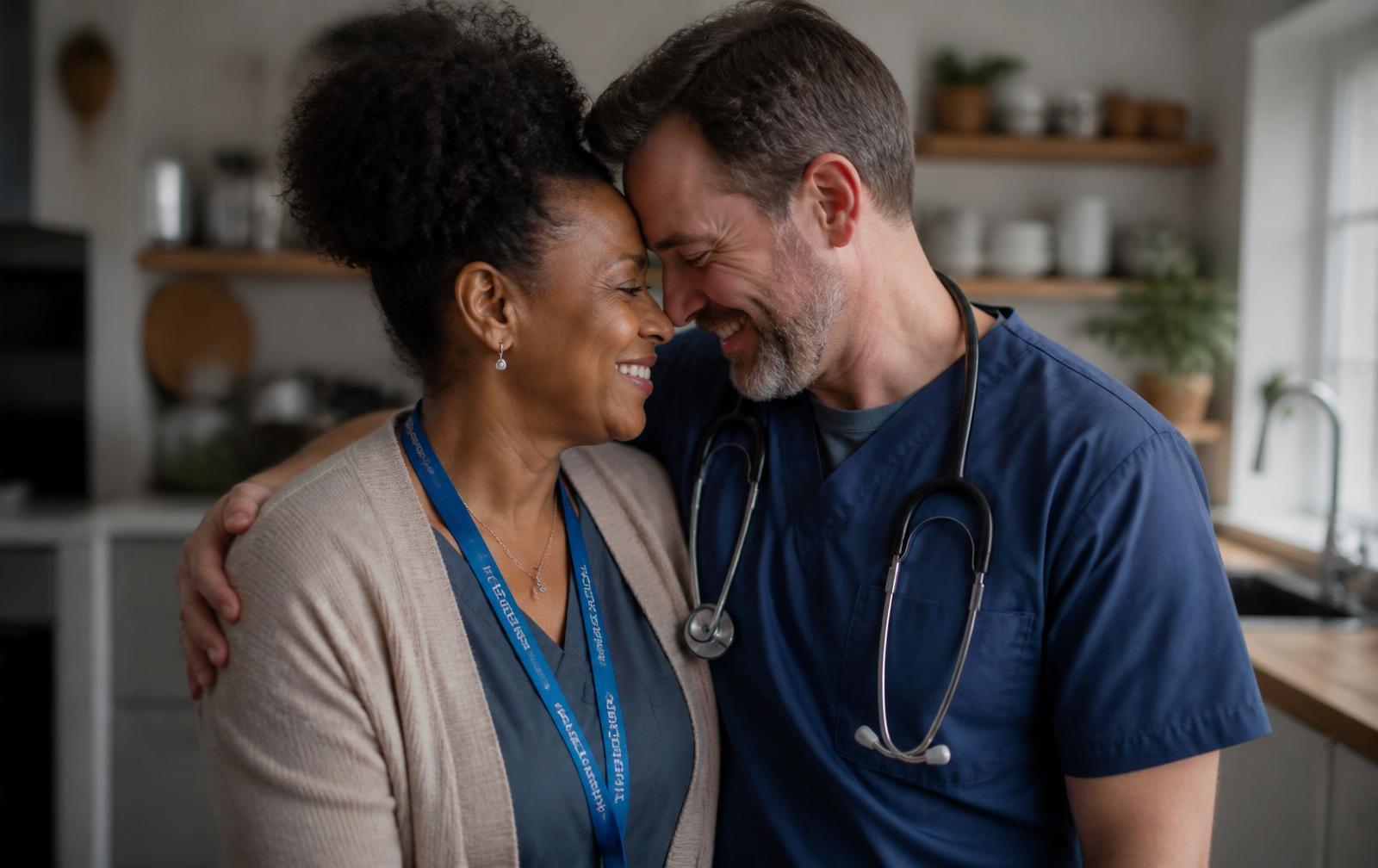 A Black woman in a cardigan and a man in navy medical scrubs with a stethoscope smiling with foreheads touching in a warm kitchen