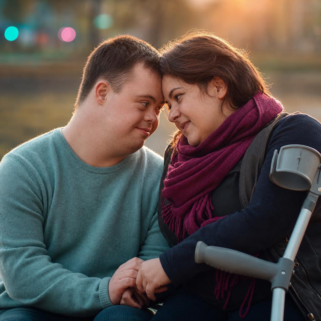 Special-needs couple leaning heads together in love