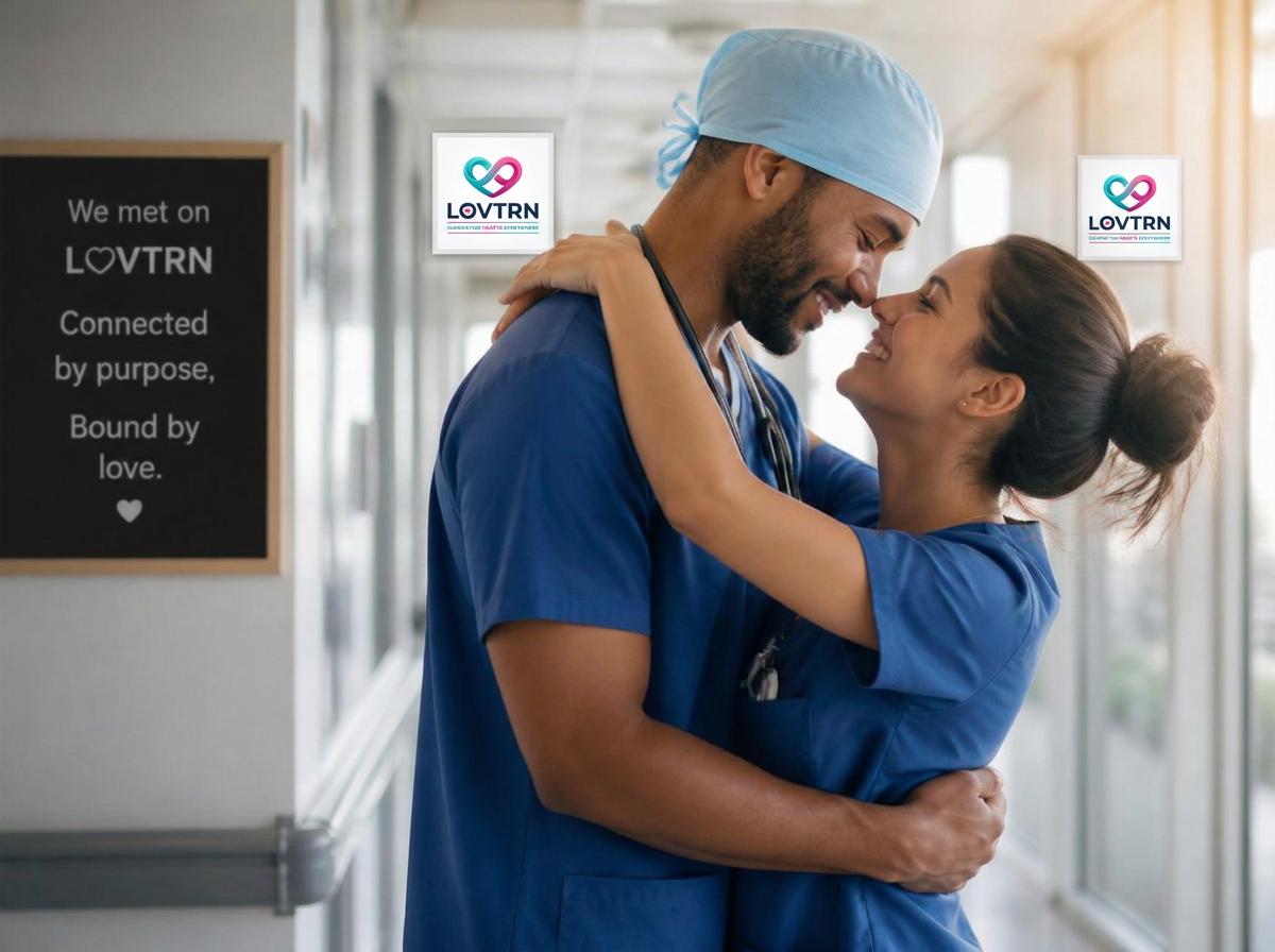 Two medical workers who met on LOVTRN embracing