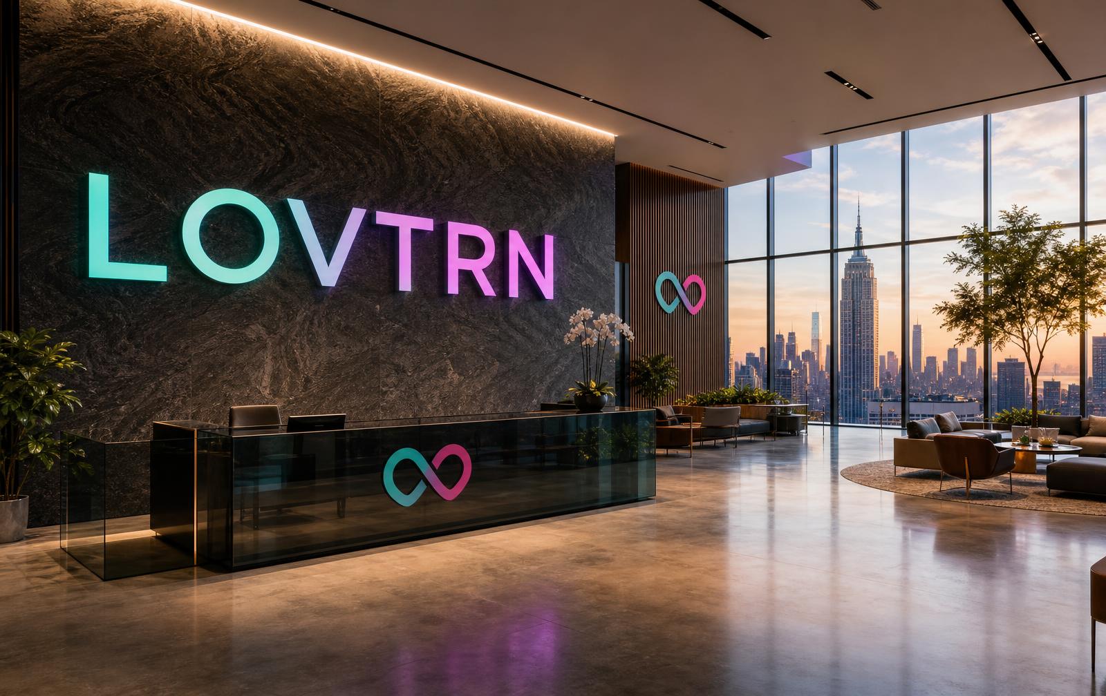LOVTRN headquarters lobby with a large illuminated LOVTRN wall sign, infinite-heart logos and the New York City skyline through floor-to-ceiling windows