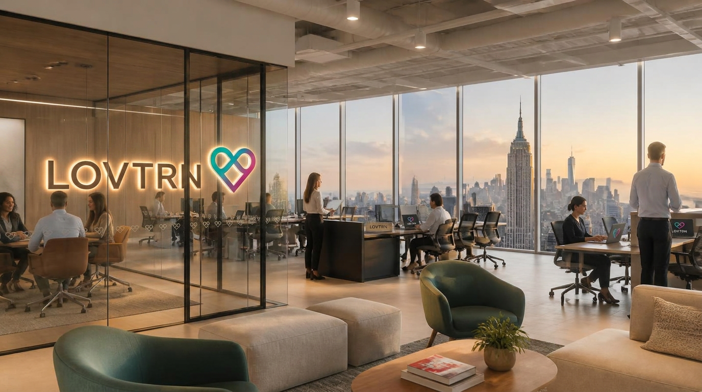 Inside the LOVTRN offices — an open workspace with floor-to-ceiling windows overlooking the New York City skyline